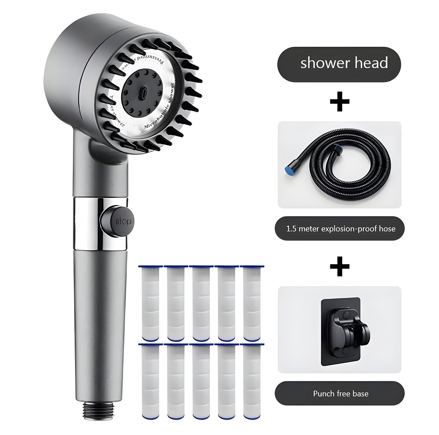 ZenWate™ Grey ShowerHead+1.5m Hose+ shower support+10 Filters